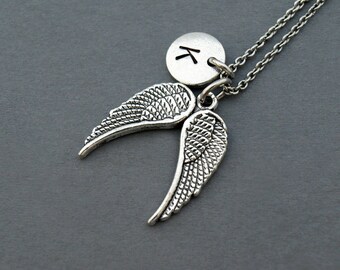 Angel Wings necklace, angel wings, initial necklace, hand stamped, Friendship, personalized, antique silver, monogram
