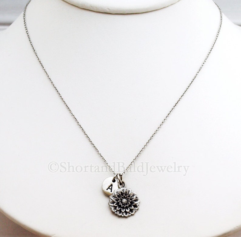 Chrysanthemum necklace, flower charm, Chrysanthemum flower, antique silver, initial necklace, hand stamped, personalized, monogram zdjęcie 3
