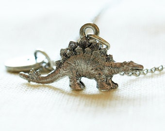 Stegosaurus Dinosaur charm necklace, initial necklace, initial hand stamped, personalized, antique silver, monogram