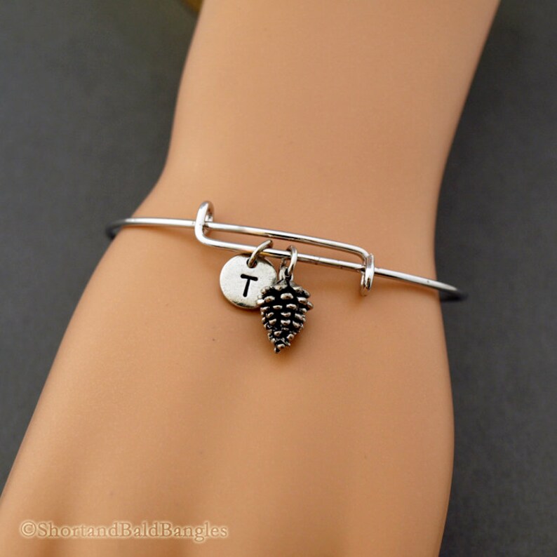 Pinecone charm bangle, Pinecone bracelet, Pinecone charm jewelry, Pine cone, Expandable bangle, Charm bangle, Monogram, Initial bracelet image 3