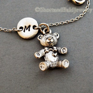 Teddy bear bracelet, antique silver, initial bracelet, friendship, mothers, adjustable, monogram