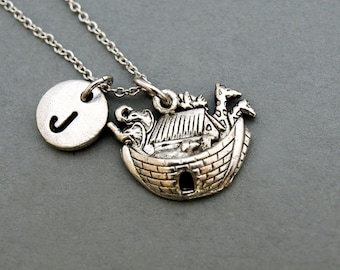 Collar del Arca de Noé, joyería con dije del Arca de Noé, dije bíblico, personalizado, plata antigua, collar con inicial, personalizado, monograma