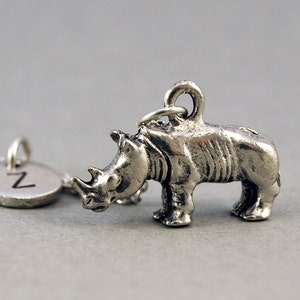 Rhino Necklace, Rhino charm, Silver Rhino, Rhino jewelry, Antique silver, initial necklace, initial hand stamped, personalized, monogram