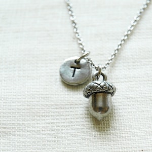 Acorn necklace, Silver Acorn charm necklace, Acorn jewelry, initial necklace, initial hand stamped, personalized, antique silver, monogram