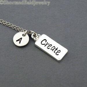 Create tag necklace, Create necklace, Word Create, initial necklace, initial hand stamped, personalized, antique silver, monogram