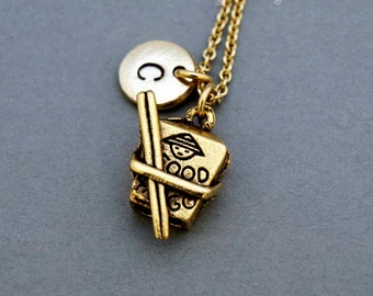 Chinese takeout Necklace, chopsticks Necklace, Chinese food, take out charm, chinese food to go, initial necklace, personalized, monogram