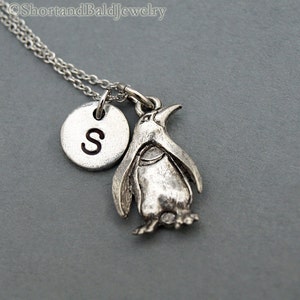 King Penguin necklace, Penguin charm, initial necklace, initial hand stamped, personalized, antique silver, monogram