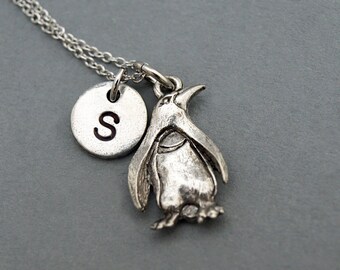King Penguin necklace, Penguin charm, initial necklace, initial hand stamped, personalized, antique silver, monogram