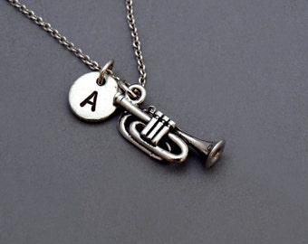 Trumpet Charm necklace, brass instrument, musician, initial necklace, initial hand stamped, personalized, antique silver, monogram