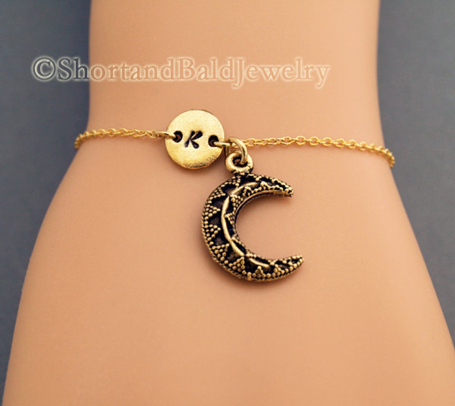 Crescent Moon Charm Bracelet Antique Gold Initial Bracelet Etsy