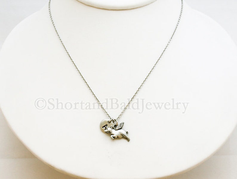 Pig wings necklace initial necklace flying pig necklace antique silver personalized initial hand stamped monogram Pig with wings