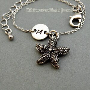 Starfish charm bracelet, star fish, antique silver, initial bracelet, friendship, mothers, adjustable, monogram