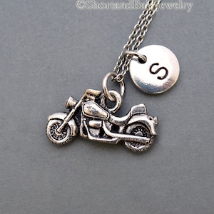Motorcycle necklace, Biker, motorbike, motor bike, initial necklace, initial hand stamped, personalized, antique silver, monogram