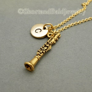 Clarinet necklace, Clarinet charm jewelry, antique gold, initial necklace, initial hand stamped, personalized, monogram image 2