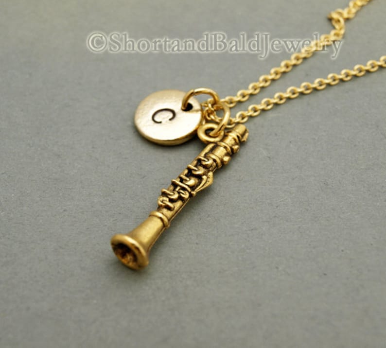 Clarinet necklace, Clarinet charm jewelry, antique gold, initial necklace, initial hand stamped, personalized, monogram image 2