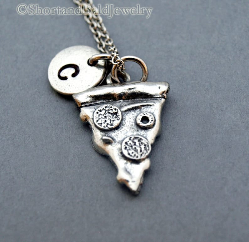 initial hand stamped Pizza necklace Pizza slice antique silver food charm personalized monogram pepperoni pizza initial necklace