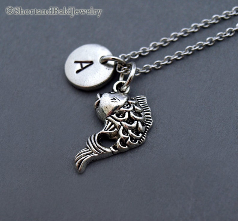 Fisherman Silver fish charm personalized initial hand stamped monogram Fish charm jewelry fishing initial necklace Fish necklace