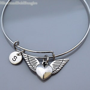 Armband med vingar och hjärta, armband med änglavingar och hjärta, skyddsängel, expanderbart armband, personligt armband, charmarmband, initialarmband bild 2