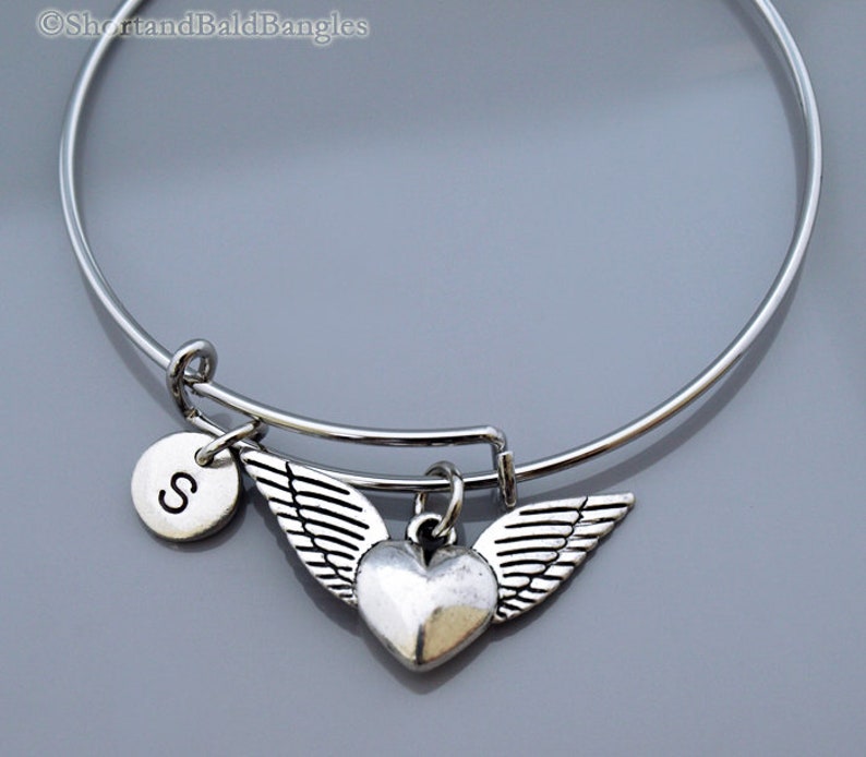 Armband med vingar och hjärta, armband med änglavingar och hjärta, skyddsängel, expanderbart armband, personligt armband, charmarmband, initialarmband bild 2