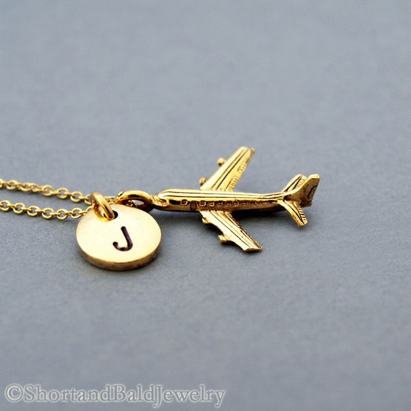 Collier de charme d'avion, collier de Jet, charme d'avion, charme de pilote, collier initial, or antique personnalisé, monogramme