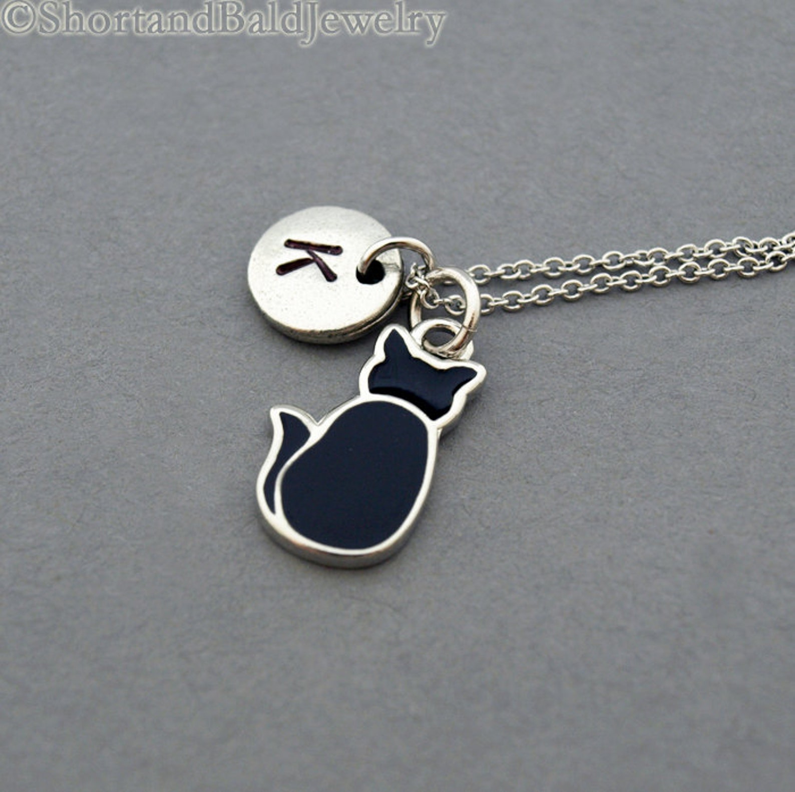 Black Cat Necklace Black Cat Charm Initial Necklace Initial Etsy