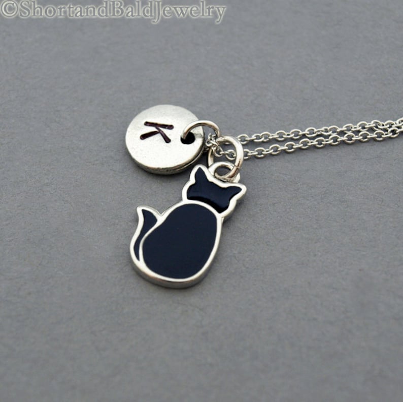 Black Cat Necklace Black Cat Charm Initial Necklace Initial Etsy