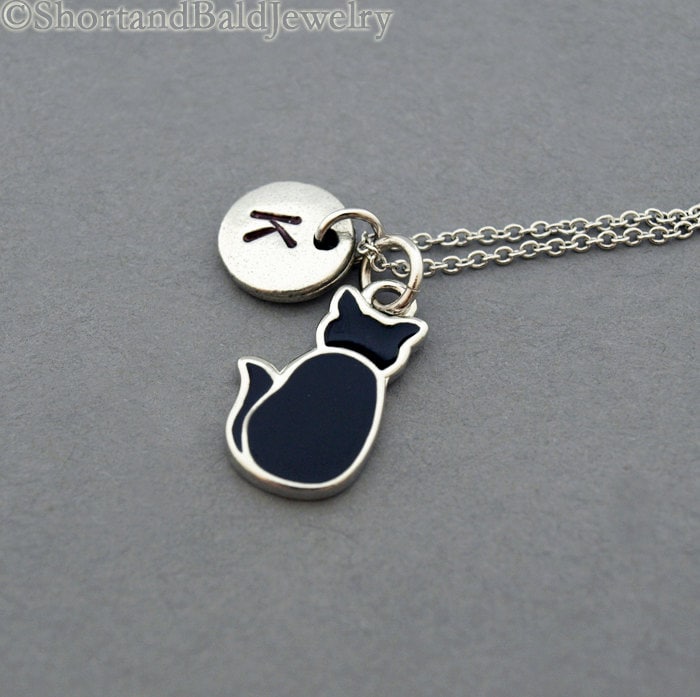 Black Cat Necklace Black Cat Charm Initial Necklace Initial Etsy