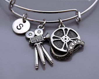 Movie Camera Bangle, Movie Camera bracelet, Film camera, Film reel bracelet, Film reel bangle, Movie reel, Film student, Initial bracelet