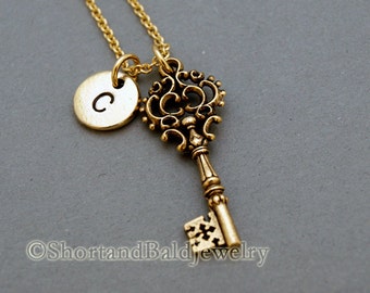 Antique Key charm, antique key necklace, antique gold, initial necklace, initial hand stamped, personalized, monogram