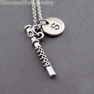 Flute necklace, Silver flute, Flute charm jewelry, Flutist, initial necklace, initial hand stamped, personalized, antique silver, monogram
