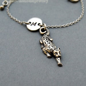 Jaguar charm bracelet, Jaguar jewelry, Leopard, antique silver, initial bracelet, friendship, mothers, adjustable, monogram