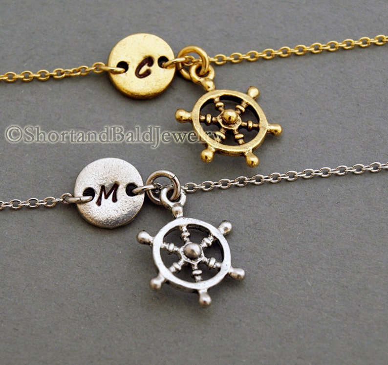 Ship steering wheel charm bracelet antique gold initial Etsy