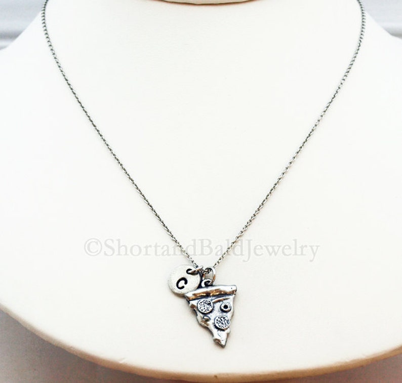 initial hand stamped Pizza necklace Pizza slice antique silver food charm personalized monogram pepperoni pizza initial necklace