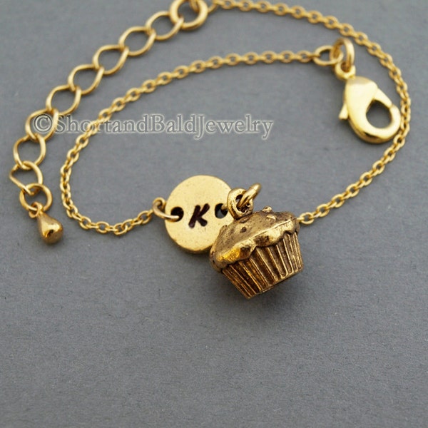 Bracelet de charme de cupcake, charme de muffin, or antique, bracelet initial, amitié, mères, réglable, monogramme