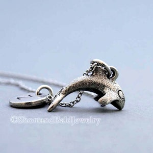 Killer Whale charm necklace, Orca Whale charm, initial necklace, initial hand stamped, personalized, antique silver, monogram