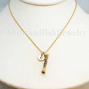 Clarinet necklace, Clarinet charm jewelry, antique gold, initial necklace, initial hand stamped, personalized, monogram image 4