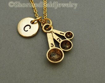 Measuring Spoon charm Necklace, antique gold, initial necklace, initial hand stamped, personalized, monogram