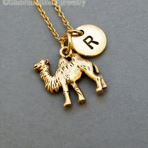 Camel charm Necklace, initial necklace, initial hand stamped, personalized, antique gold, monogram