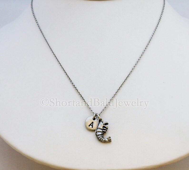 initial hand stamped Shrimp charm Necklace personalized shrimp necklace initial necklace antique silver monogram