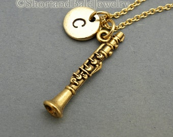 Clarinet necklace, Clarinet charm jewelry, antique gold, initial necklace, initial hand stamped, personalized, monogram