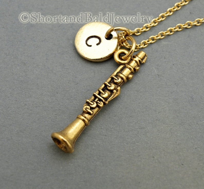 Clarinet necklace, Clarinet charm jewelry, antique gold, initial necklace, initial hand stamped, personalized, monogram image 1