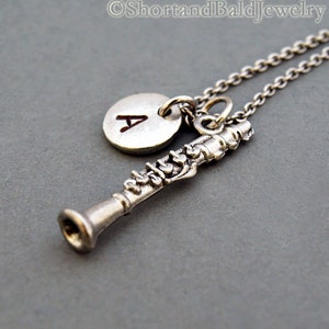Clarinet necklace, Silver clarinet, Clarinet charm jewelry, initial necklace, initial hand stamped, personalized, antique silver, monogram