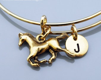 Horse bangle, Horse bracelet, gold horse bracelet, Expandable bangle, Personalized bracelet, Charm bangle, Monogram, Initial bracelet