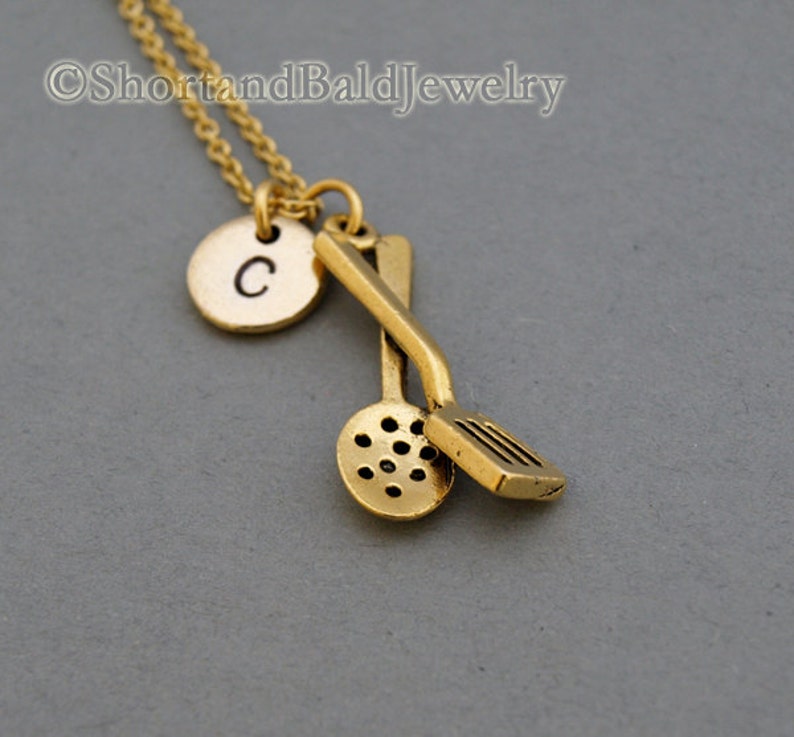 Cooking utensils charm Necklace, antique gold, initial necklace, initial hand stamped, personalized, monogram image 2