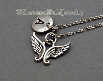 Angel Wings necklace, angel wings, initial necklace, hand stamped, Friendship, personalized, antique silver, monogram