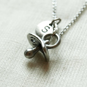 Pacifier Charm Necklace, Pacifier necklace, initial necklace, initial hand stamped, personalized, antique silver, monogram