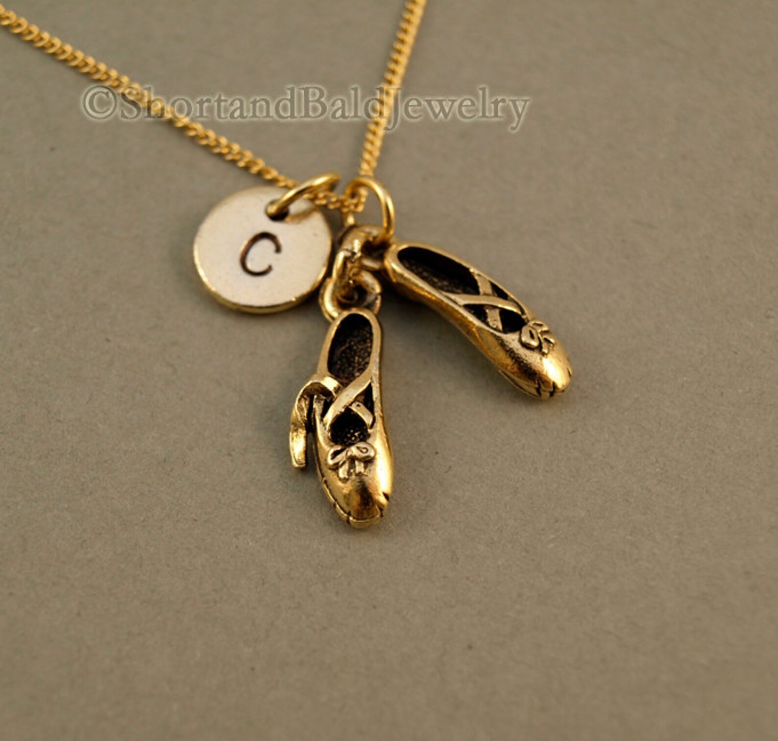 ballet shoes necklace, ballet slippers, antique gold, initial necklace, initial hand stamped, personalized, monogram