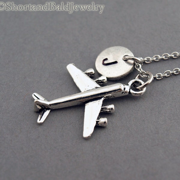 Airplane Necklace, Airplane charm, Jet necklace, plane charm, pilot charm, initial necklace, personalized, antique silver, monogram
