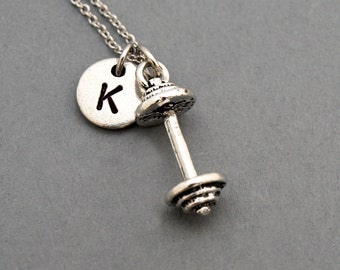 Barbell necklace, Barbell charm, fitness, weightlifting, antique silver, initial necklace, initial hand stamped, personalized, monogram