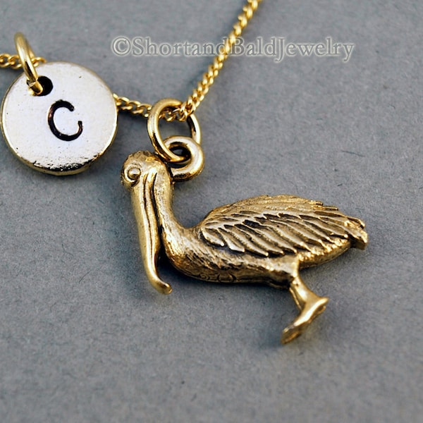 Pelican necklace, antique gold, initial necklace, initial hand stamped, personalized, monogram